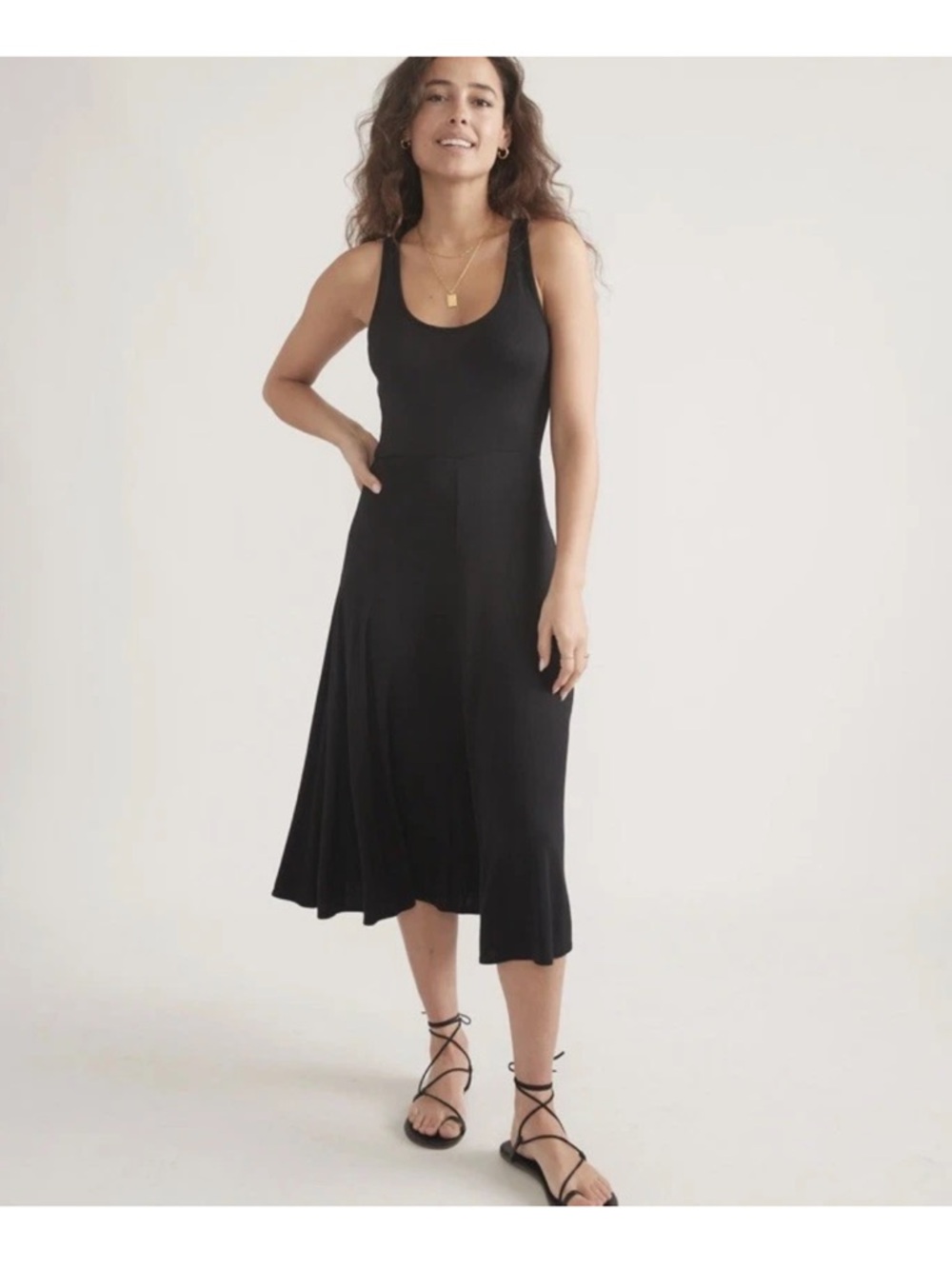 Marine Layer Lexi Fit Flare Ribbed Midi Dress Size S Black Scoop Neck